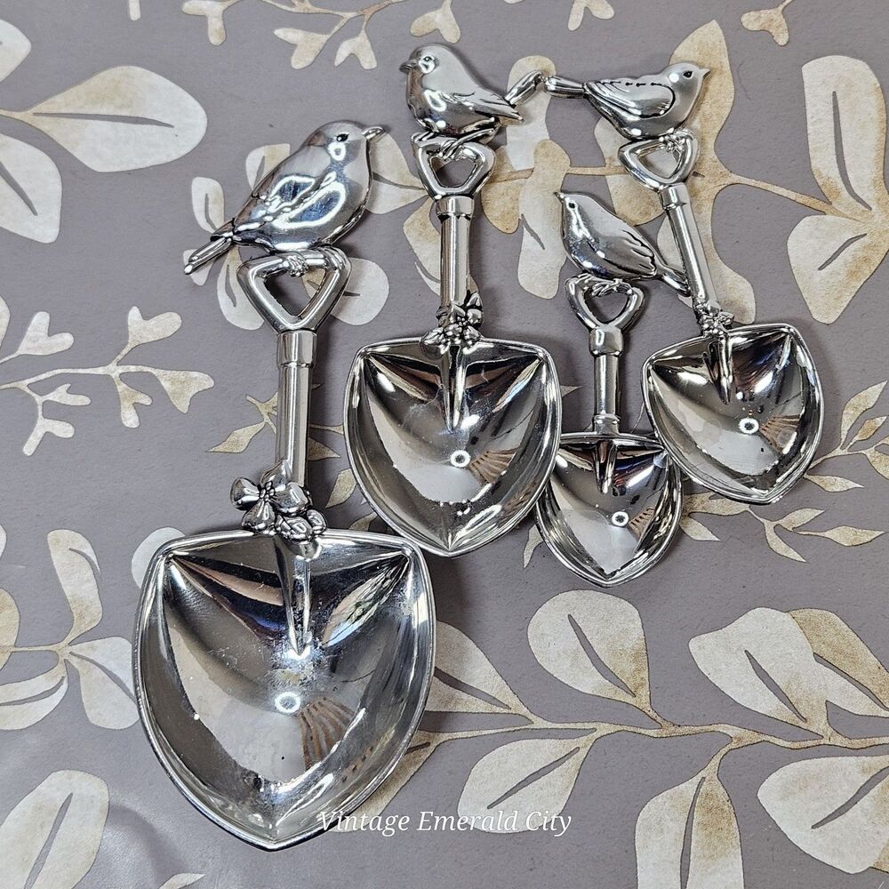 Vtg Ganz Measuring Spoons Shovels Birds 4 Pcs Scoop Dipper Kitchenware Stainless - Picture 4 of 11